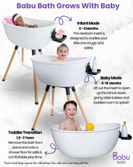 Toddler bath mode on floor or stand demonstrates versatile, growing-with-baby design