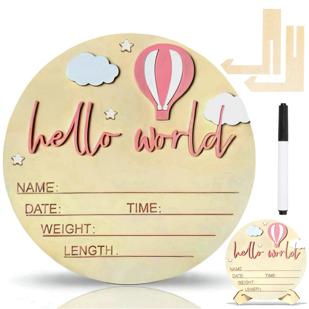 Baby Announcement Sign with pink hot-air balloon, Hello World display for nursery.