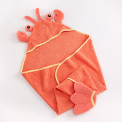 Baby Aspen Lobster Laughs hooded towel 30-inch square size for generous wrap.