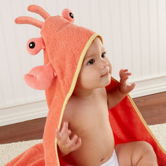 Baby Aspen Lobster Laughs hooded towel coral fabric offers soft absorbent comfort.