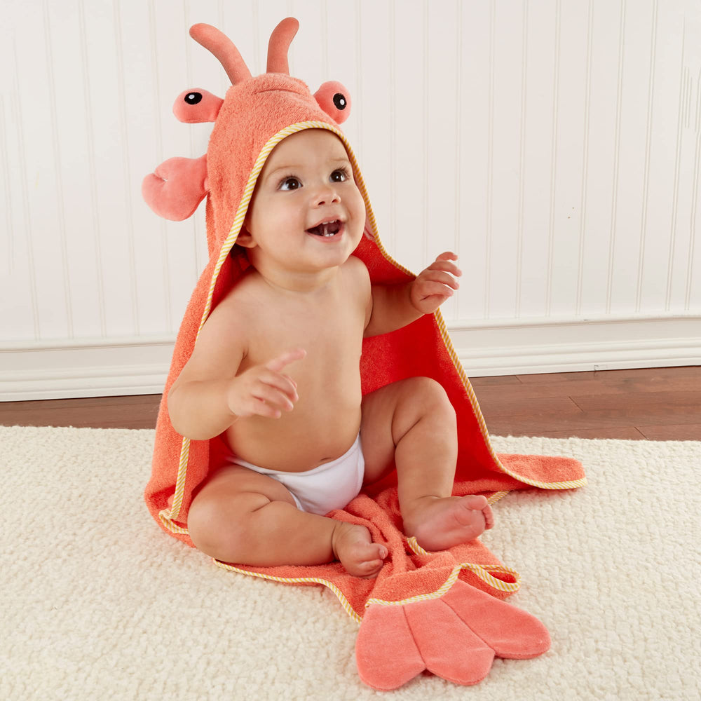 Baby Aspen Lobster Laughs hooded towel front view for cozy bath-time fun.
