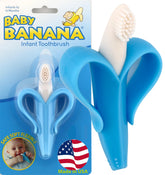 Baby Banana Blue Banana Brush closeup highlights soft silicone bristles for gentle gums and easy brushing.