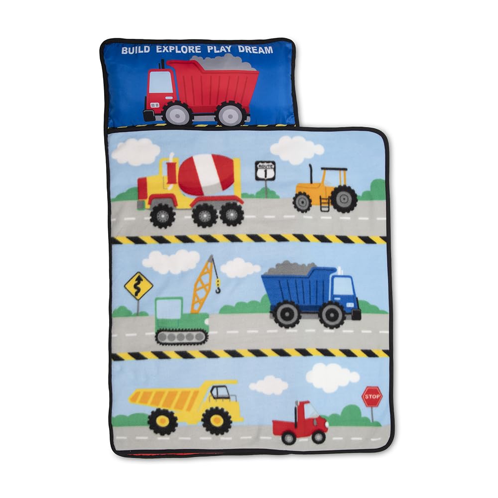 Baby Boom Funhouse Construction Trucks nap mat flatlay shows cozy daycare naptime.