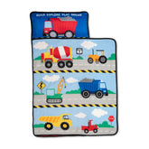 Baby Boom Funhouse Construction Trucks nap mat flatlay shows cozy daycare naptime.