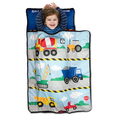 Baby Boom nap mat rolled for quick packing with Velcro closure at daycare.