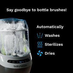 Baby Brezza Bottle Washer Pro inside view highlights 20 spray jets for deep cleaning