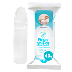 Baby Brezza Finger Shields packaging shows resealable, mess-free storage.