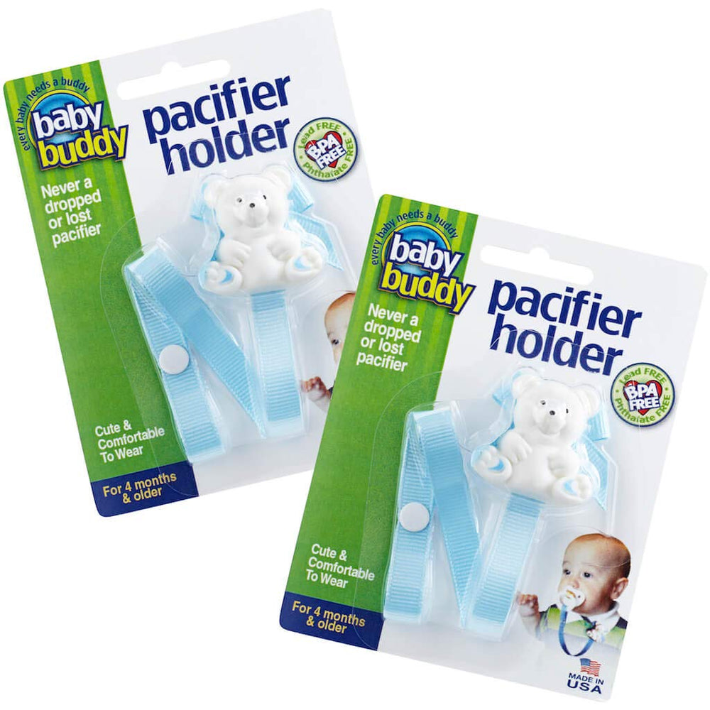 Baby Buddy Bear Pacifier Holder Clip closeup shows universal fit for quick attachment.