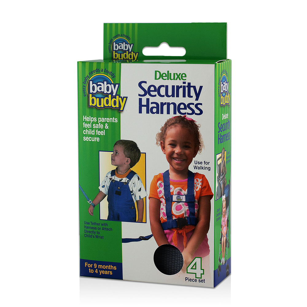 Baby Buddy Deluxe safety harness worn on toddler for close supervision during outings.