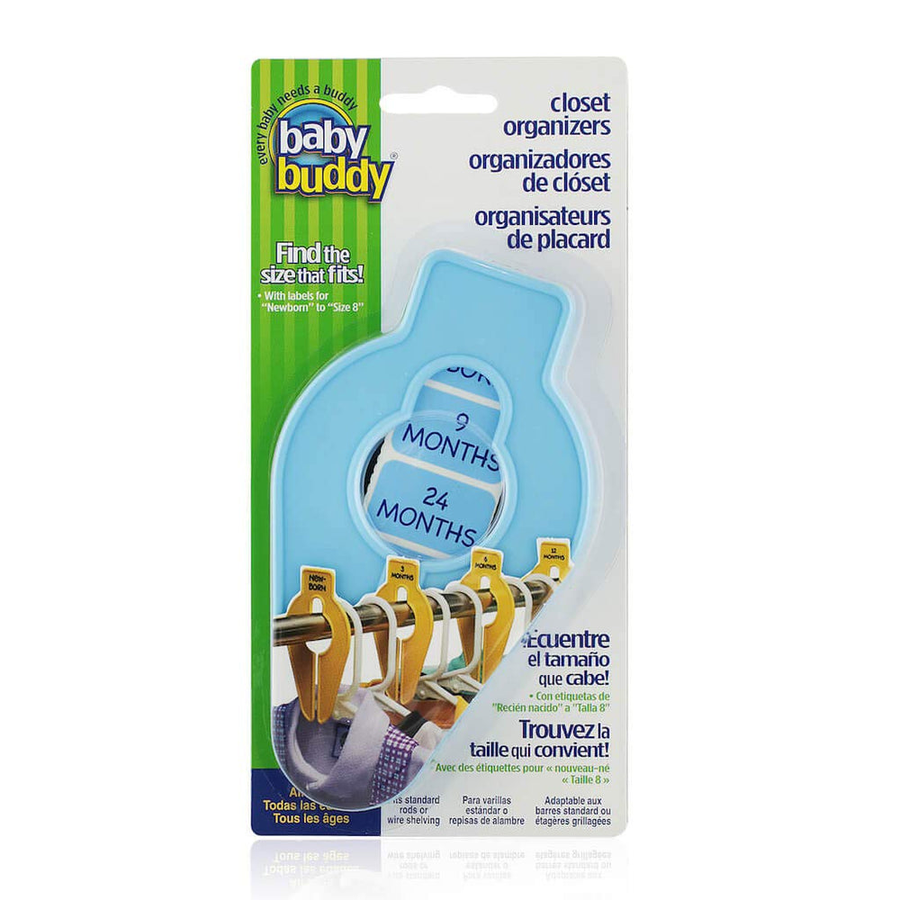 Baby Buddy Size-It closet organizers in blue on a rod for quick wardrobe sorting