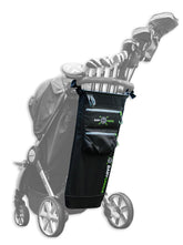 Baby Caddie golf bag on stroller enables easy club access.