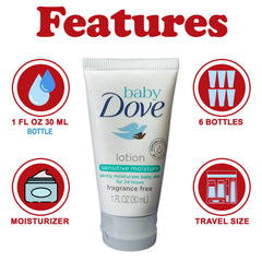 Baby Dove Sensitive Moisture travel-size bottle on-the-go hydration for sensitive skin.