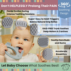Baby Elefun teether cold-relief close-up demonstrates cooling for swollen gums