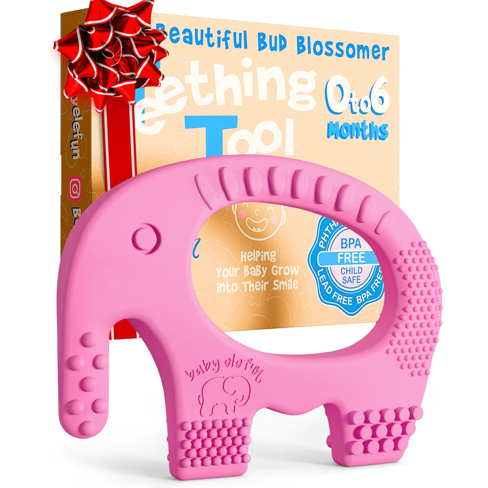 Baby Elefun teether with cramp-free easy-grip for tiny hands supporting early motor play.