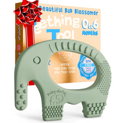 Baby Elefun teether olive front-view promotes easy grasp and on-the-go soothing.