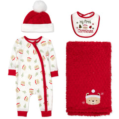 Baby Essentials Christmas 4-piece set with romper, bib, blanket, and Santa hat for holidays.