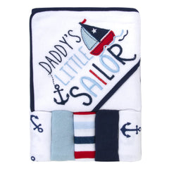Baby Essentials Daddy's Sailor hooded towel closeup: soft cotton absorbency after bath time
