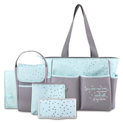 Baby Essentials diaper bag tote sun-moon-stars design in grey aqua for stylish on-the-go organization.