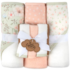 Baby Essentials hooded towel floral pink close-up shows plush terry for cozy drying