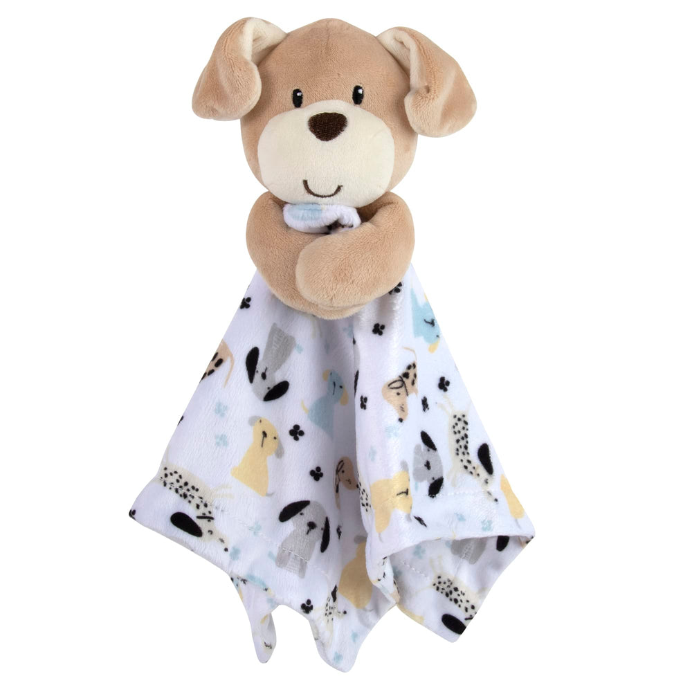 Baby Essentials Minky Animal Snuggler puppy-face close-up for comforting snuggles.