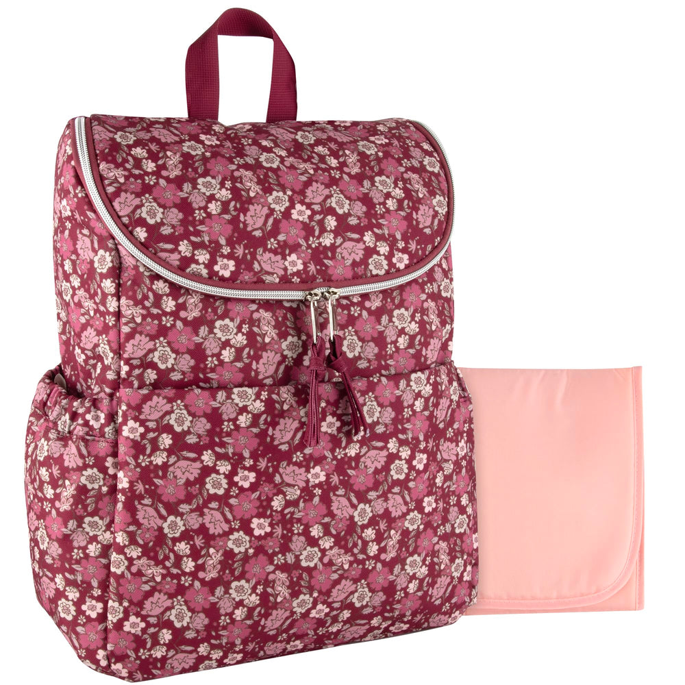 Baby Essentials multi-function floral backpack close-up highlights durable zippers for quick access.