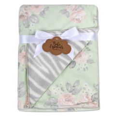 Baby Essentials sherpa blanket green floral pattern offers cozy year-round comfort.