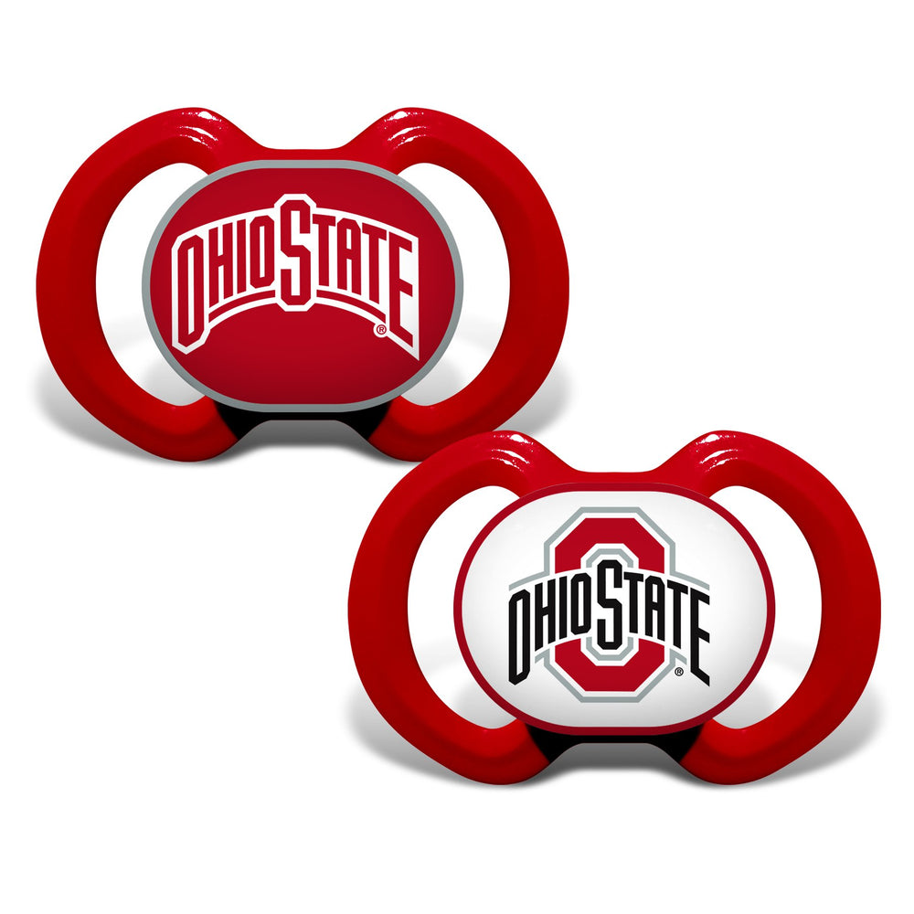 Baby Fanatic Ohio State Buckeyes pacifier pack front view showing team colors and design benefits