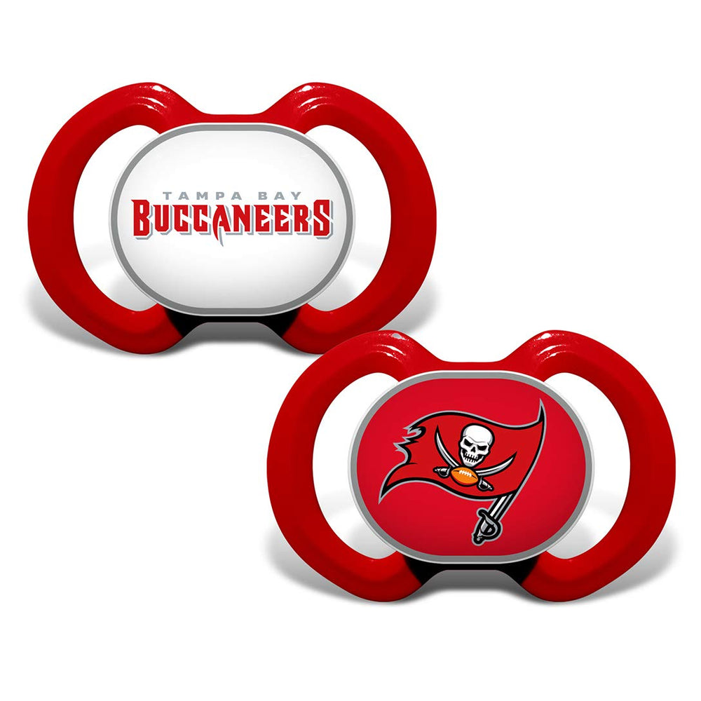 Baby Fanatic pacifier 2-pack shows Buccaneers button logo for stylish team pride.