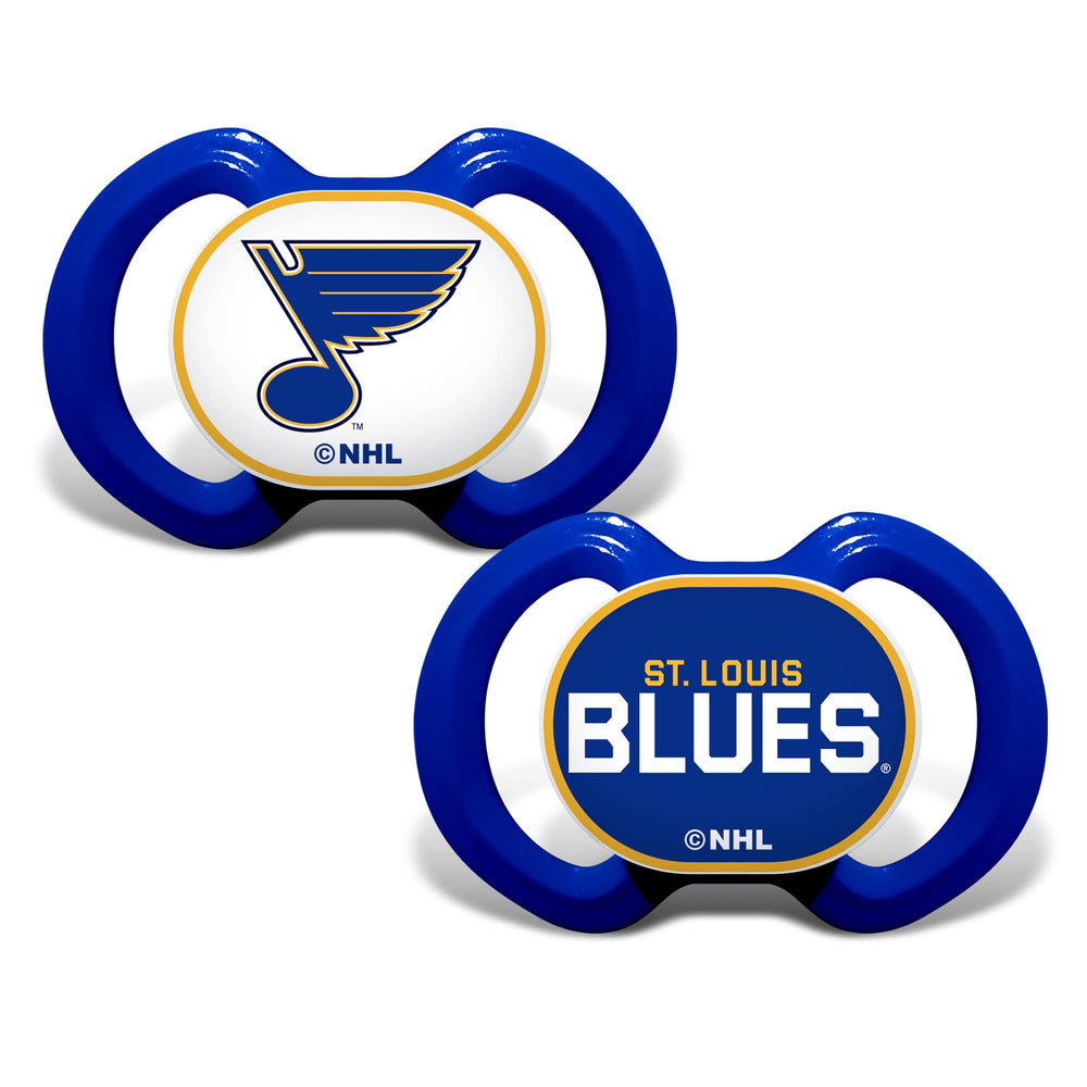 Baby Fanatic pacifier with Blues logo on button and shield boosts team spirit during outings.