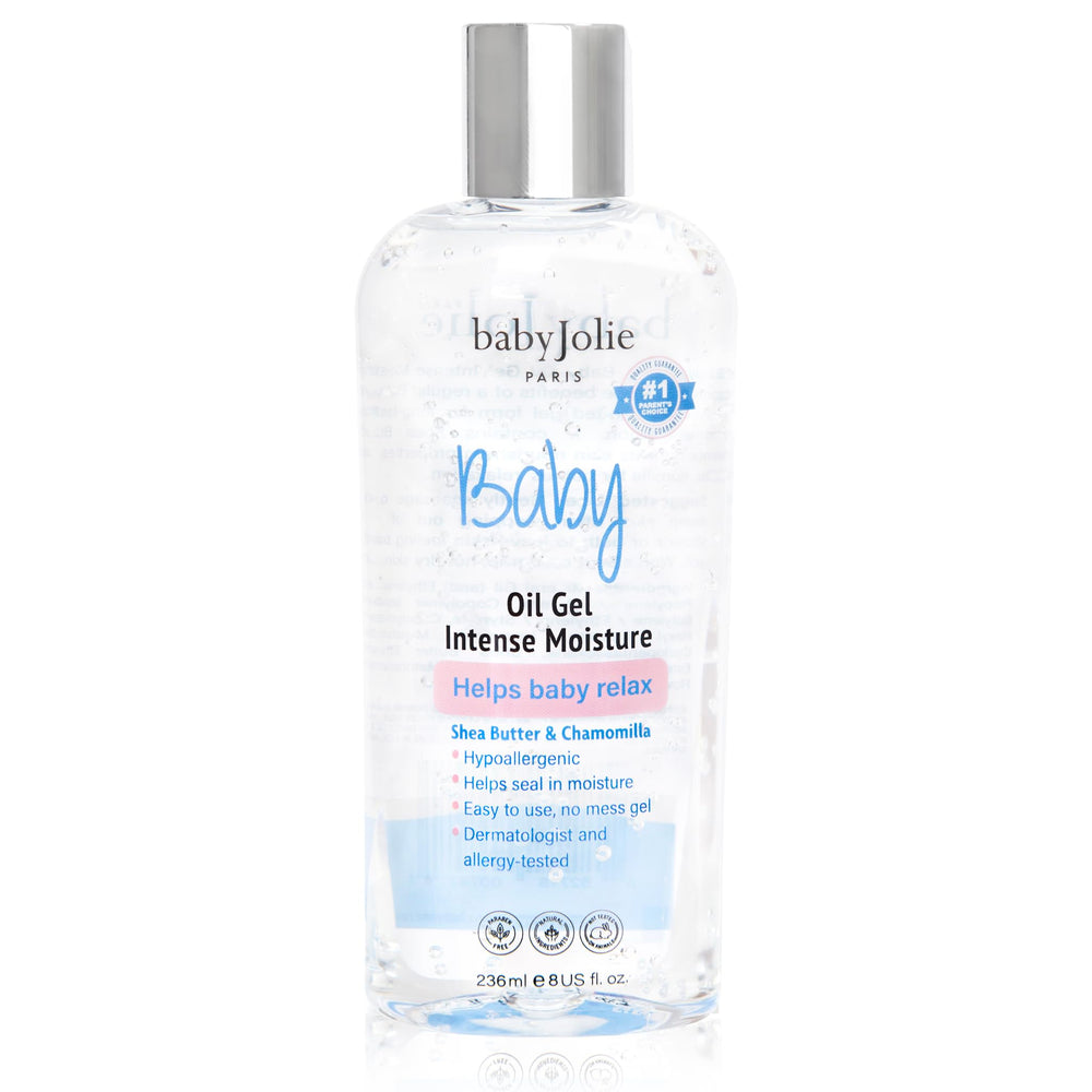Baby Jolie Relaxing Baby Oil Gel bottle demonstrates moisture for delicate skin after bath.