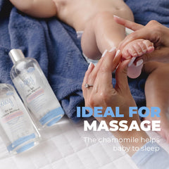 Baby Jolie Relaxing Baby Oil Gel damp-skin scene highlights quick absorption for moisturized, non-greasy skin.