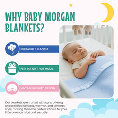 Baby Morgan satin-trim blanket highlights vintage design for nursery decor.