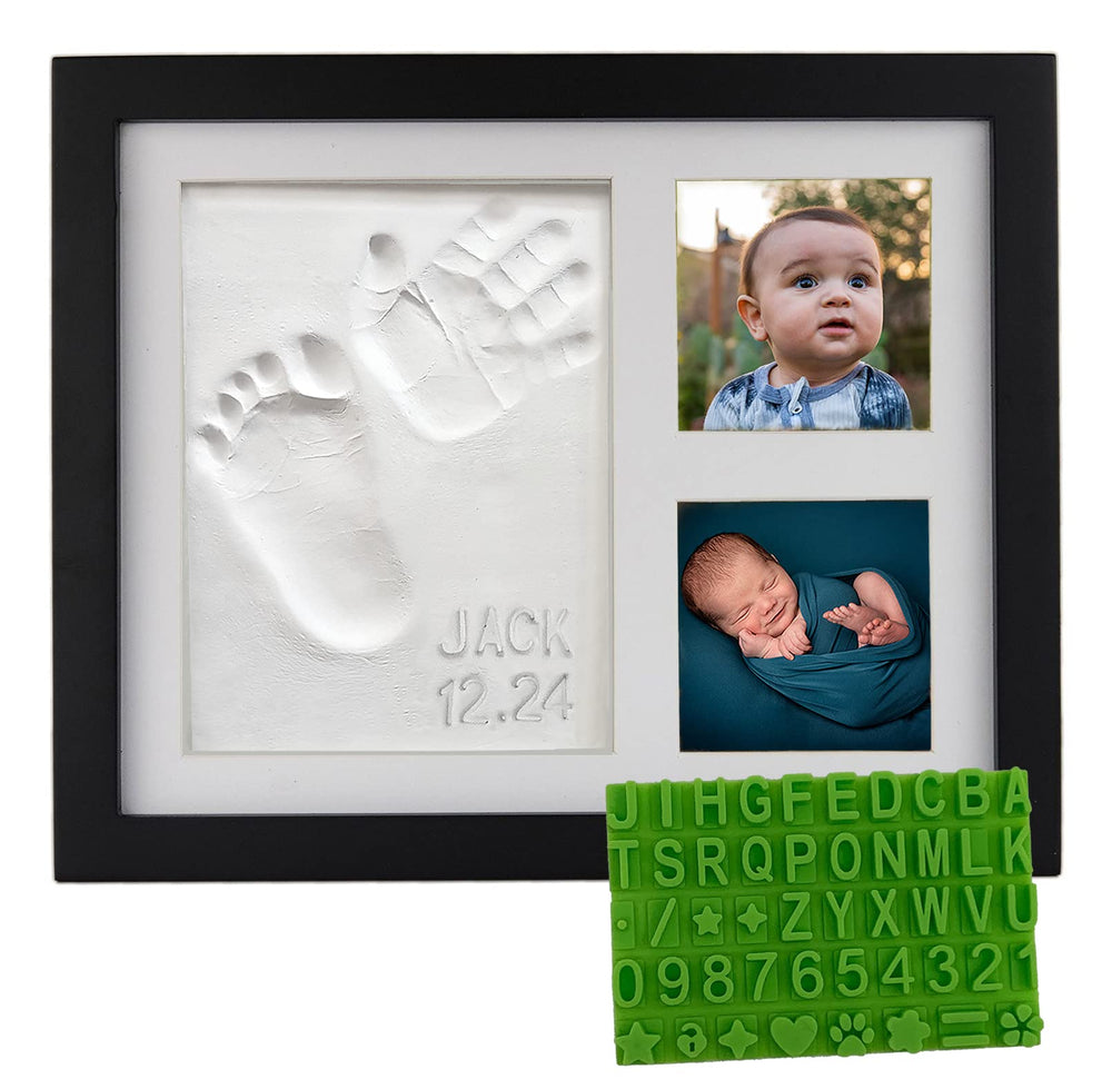 Baby Mushroom handprint close-up in a black wood frame for a nursery keepsake.