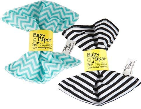 Baby Paper crinkle toy in black and white stripe enhances visual focus and tactile exploration.