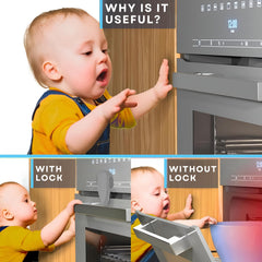Baby Proof Me oven lock in use during cooking with a toddler nearby.