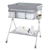 Baby Skye diaper changing table with wheels enables easy bedside changes.