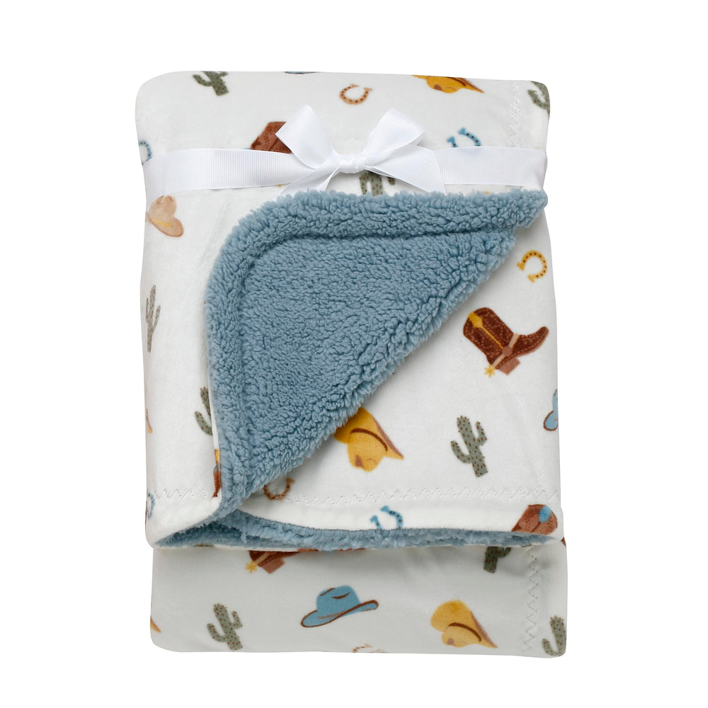 Baby Starters 2-ply silky reversible blanket in grey and cream, cozy newborn snuggles.