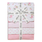 Baby Starters 4-pack flannel blankets in rose prints provide cozy warmth for newborns.