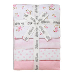 Baby Starters 4-pack flannel blankets in rose prints provide cozy warmth for newborns.