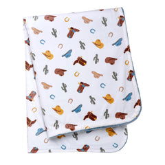 Baby Starters western ranch print blanket with cowboy hats and horseshoes for stylish nursery decor.