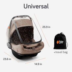 Baby Uma car seat rain cover transparent view aids eye contact.