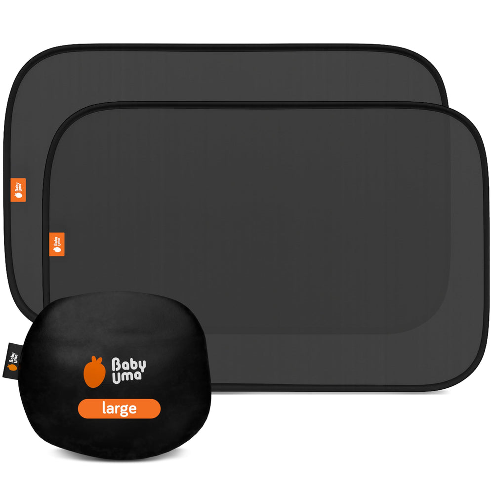 Baby Uma car window shades setup shows static cling installation for quick use.