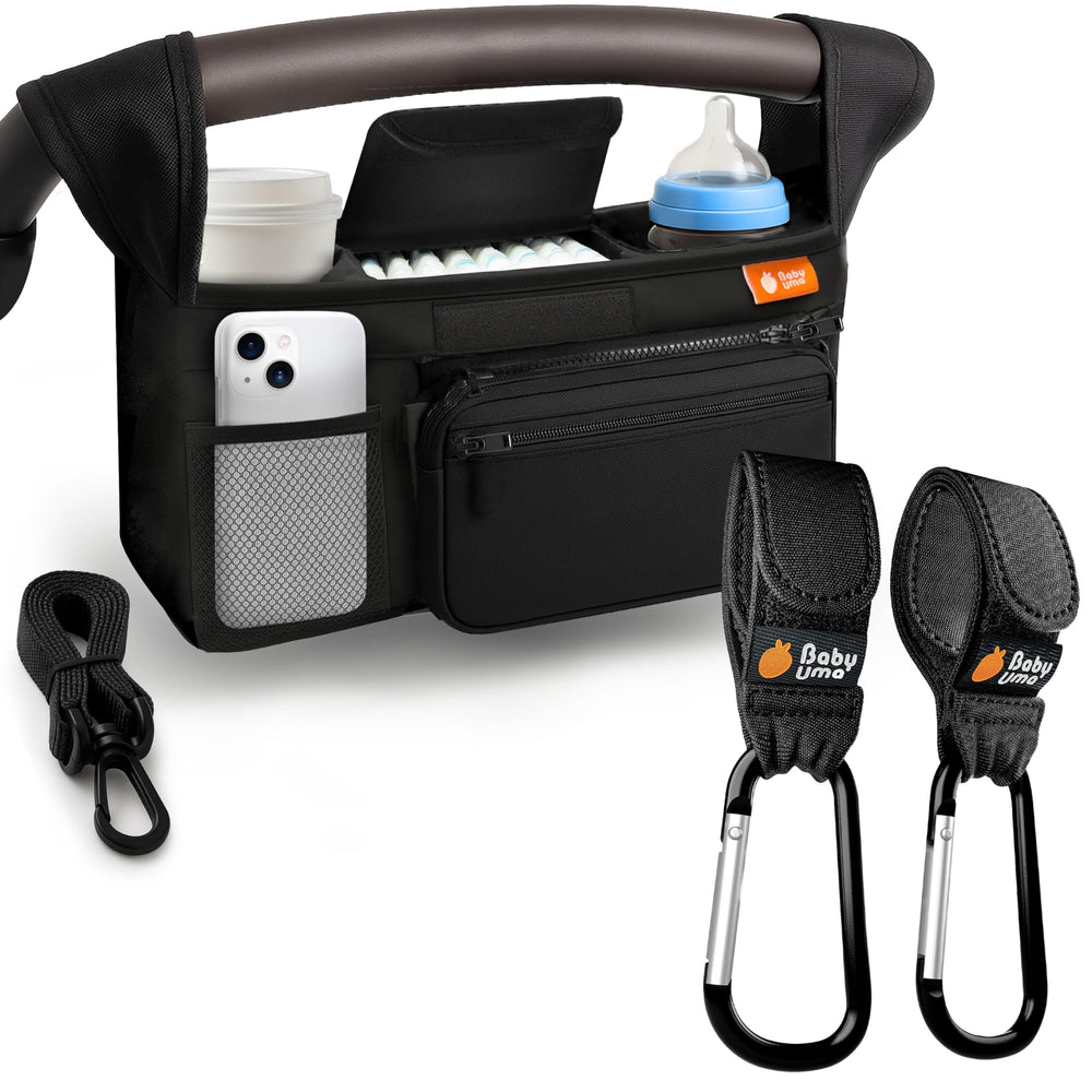Baby Uma stroller caddy main compartment keeps essentials organized on walks.