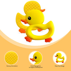 BabyBite duck teether yellow easy-grip handle supports developing hand coordination.