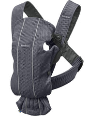 BabyBjörn Baby Carrier Mini front view shows quick-on convenience for busy parents.