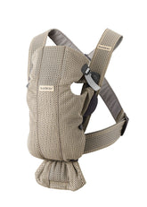 BabyBjörn Baby Carrier Mini gray-beige front view showing snug newborn fit