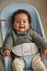 BabyBjörn Bouncer Balance Soft blue-gray rocking action demonstrates gentle, baby-led motion for soothing play.