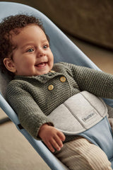 BabyBjörn Bouncer Balance Soft blue-gray toddler chair position demonstrates 2-in-1 versatility for growing kids.
