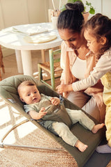 BabyBjörn Bouncer Bliss dark green with four-position adjustability for growth.