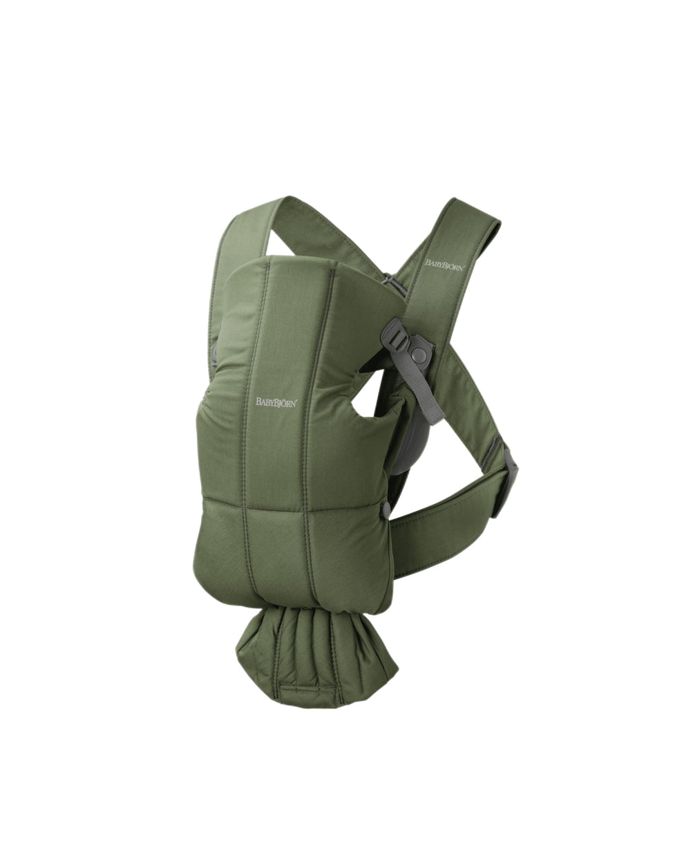 BabyBjörn Mini woven dark green worn by baby for cozy newborn snuggle.